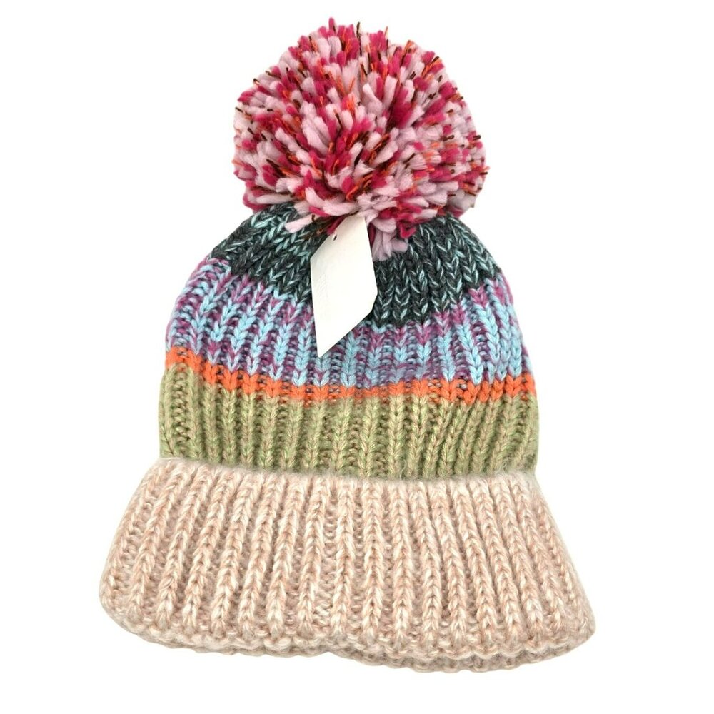Colorful Striped Knit Beanie Hat For Pom Pom Adults One Size Forever 21 JJ3776